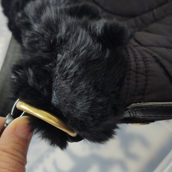 Coach Signature Satin Quilted Rabbit Fur Trimmed Hobo Handbag Black - Picture 14 of 16